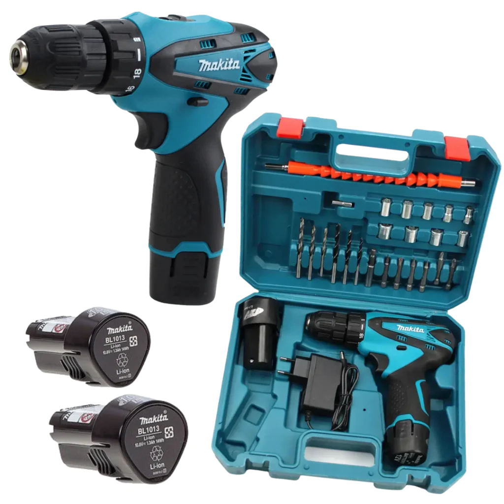 Шурупокрут Makita з двома акумуляторами 12V 2.0AH та набором інструментів в кейсі