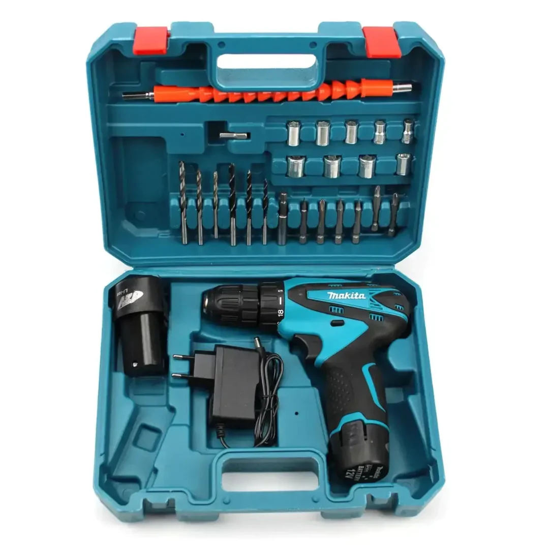Шурупокрут Makita з двома акумуляторами 12V 2.0AH та набором інструментів в кейсі